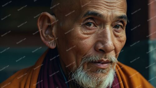 Wise Monk's Penetrating and Ironic Gaze Captured Perfectly