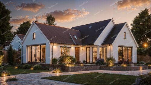 Modern English Country House at Sunset Time