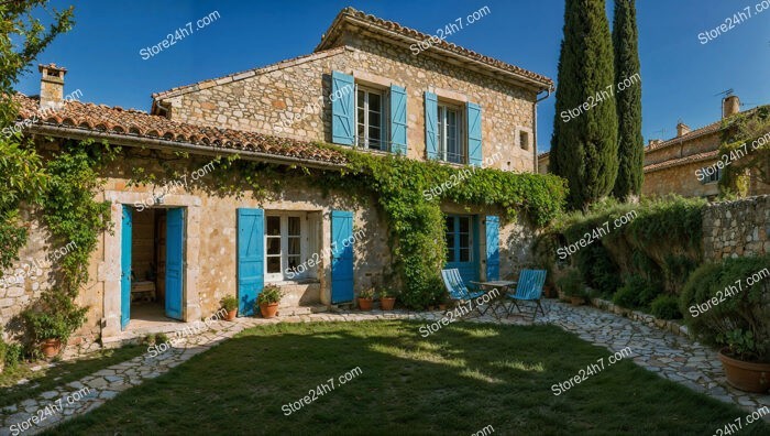 Stone House with Blue Shutters in Provence
