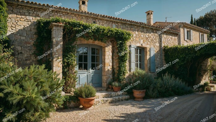 Stone House with Blue Shutters in Provence, France