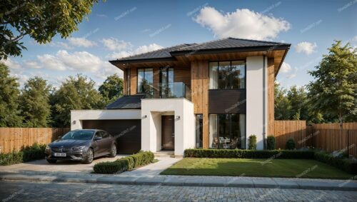 Modern English House with Wooden and White Facade