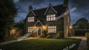 Two-Storey English Country House at Sunset Glow