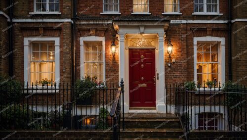 Charming Red Door Entryway of English Townhouse