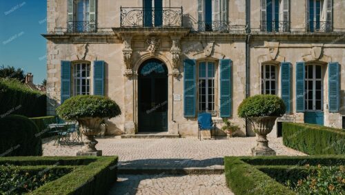 Elegant French Manor with Blue Shutters and Courtyard