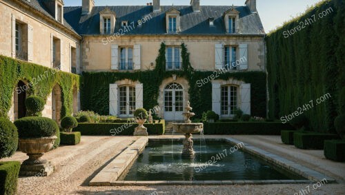 French Country Mansion with Elegant Courtyard Fountain