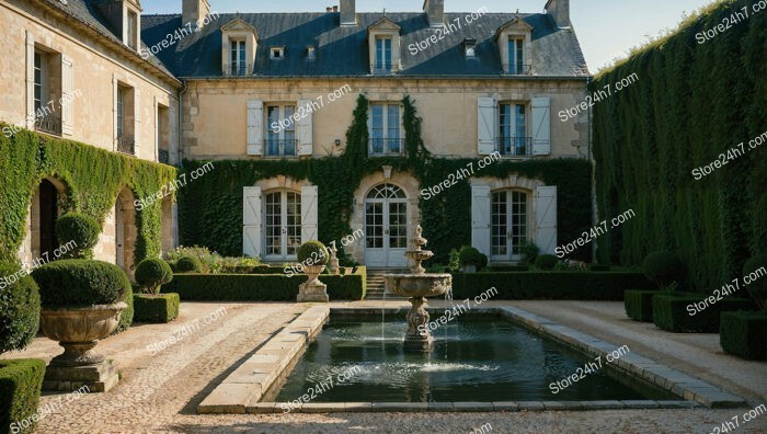 French Country Mansion with Elegant Courtyard Fountain