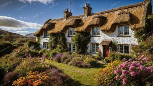Traditional Scottish Cottage with Lush Flowering Garden