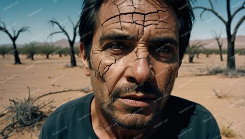 Man’s Face with Cracks Reflects Earth’s Drought