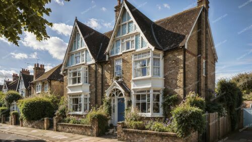 Elegant English House with Blue Door and Trim