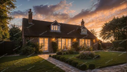 Warm Family Retreat: English Country House at Sunset