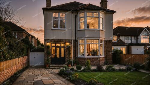 Sunset View of Traditional English Brick Home