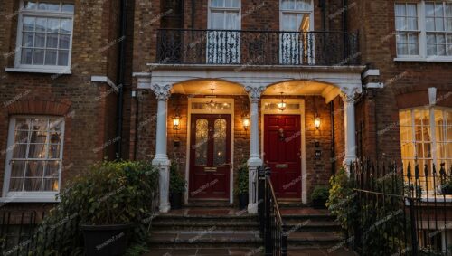 Elegant Dual Red Doors of English Townhouse Entry