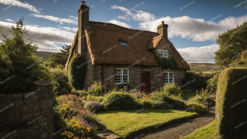 Traditional Scottish Thatched Cottage in Serene Countryside Setting