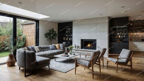 Modern UK Property Living Room with Fireplace and Garden