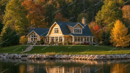 Charming English Cottage Overlooking Serene Autumn Lake