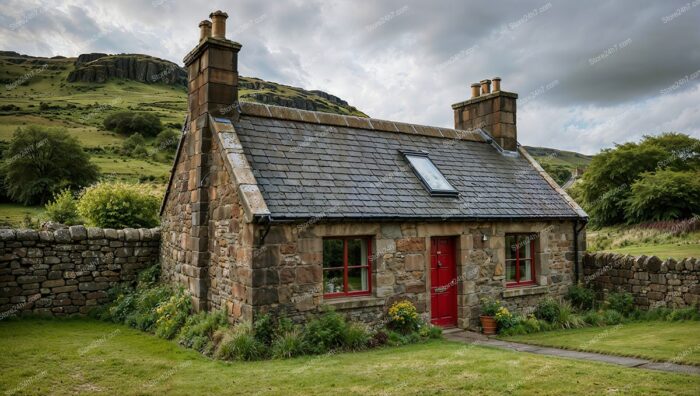 Stone Cottage with Red Door in Scottish Highlands