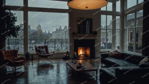 Cosy London Mansion: Rainy Day View Through Windows