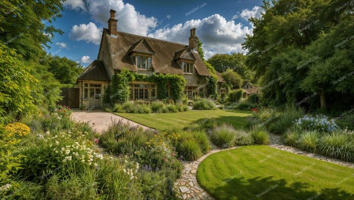 English Cottage Surrounded by Lush Gardens