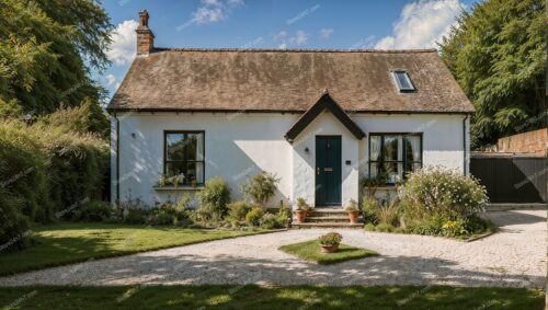 Cottage with Greenery and Dark Blue Door