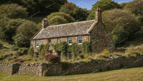 Traditional Stone Cottage Nestled in Scottish Countryside Landscape