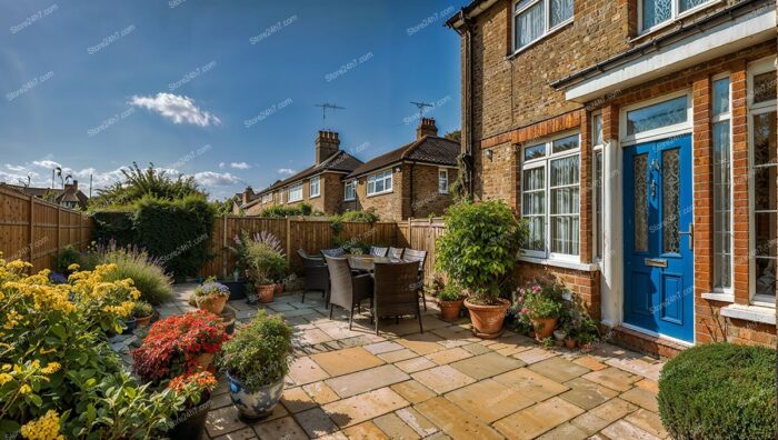 Classic UK Property with Vibrant Garden and Blue Door