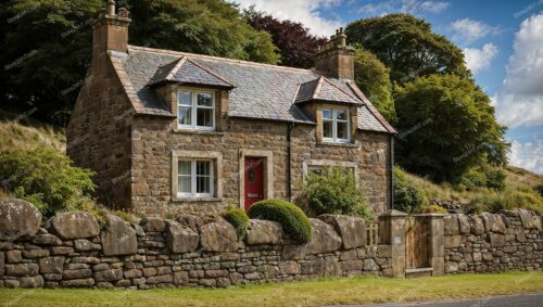Historic Stone Cottage with Red Door in Scotland