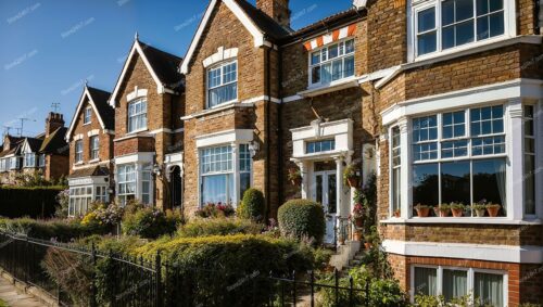 Elegant English Townhouses with Verdant Gardens and Iron Fences