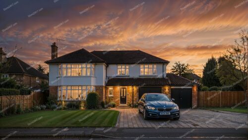 Spacious English Home with Sunset Sky Background