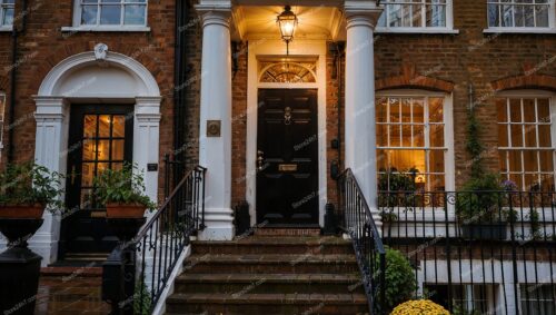 Charming Nighttime Entrance of Classic UK Townhouse Porch
