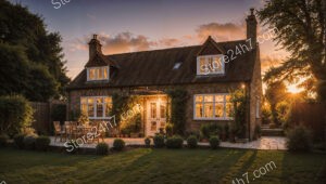 Family Cottage in English Countryside at Sunset