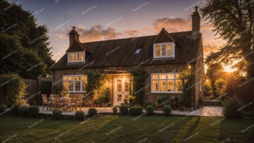 Family Cottage in English Countryside at Sunset