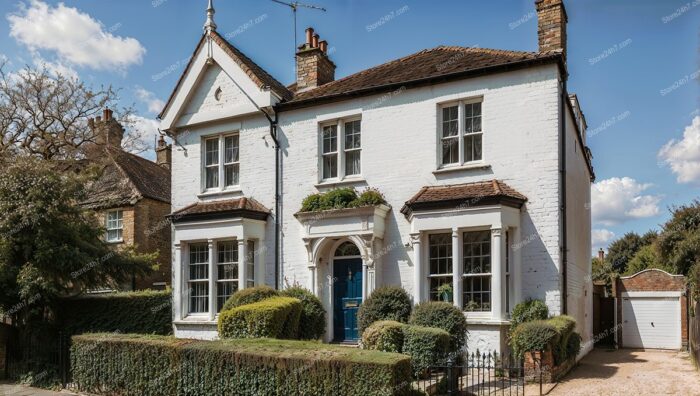 Elegant White Brick House with Blue Door