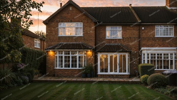 Brick House with Sunset Glow and Garden