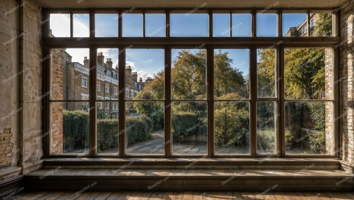 Historic London Mansion: Scenic View Through Grand Windows