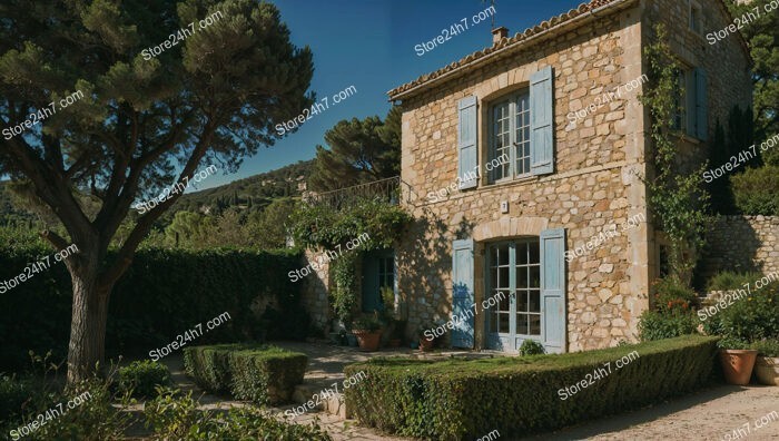 Provencal Stone House with Blue Shutters and Garden
