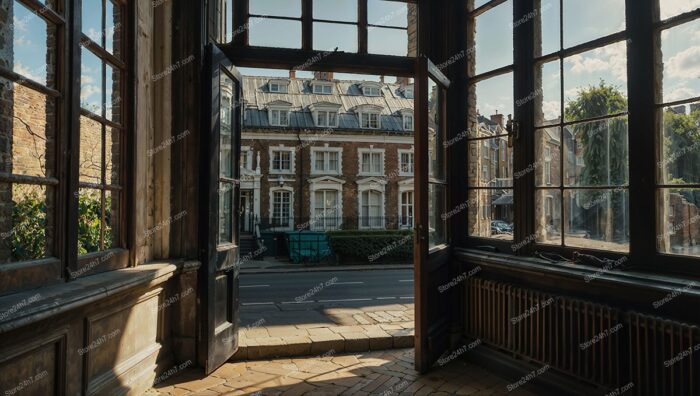 Historic London Mansion: Charming View Through Classic Windows