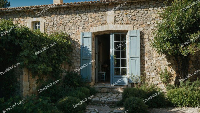 Old Stone House with Blue Shutters in Provence