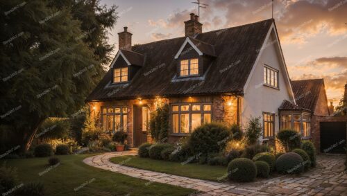 Luxurious English Country Home at Sunset Time