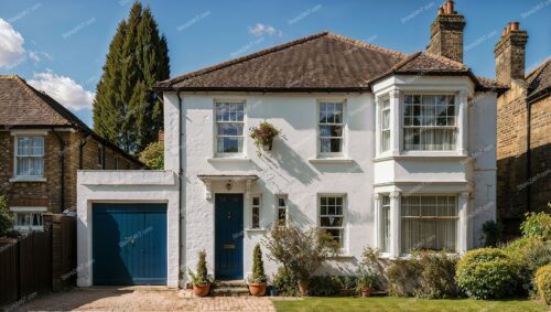 Traditional English Home with Blue Door and Garage
