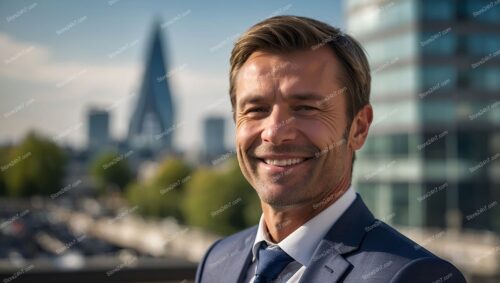 Professional UK Realtor Smiling with London Skyline Background