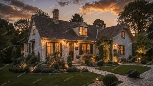 Luxurious English Country House at Sunset Glow