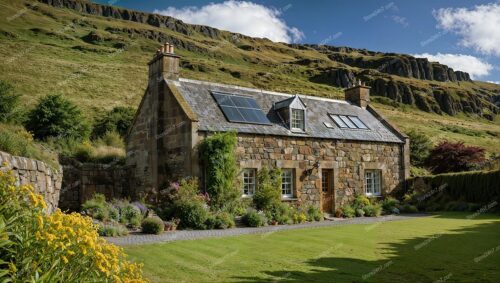 Scottish Highland Cottage with Stone Walls and Solar Panels