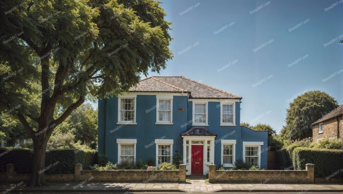 Red Door Blue House with Lush Garden