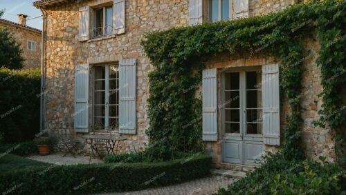 Quaint French Stone House with Blue Shutters
