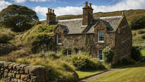 Stone Cottage in Picturesque Scottish Countryside Landscape