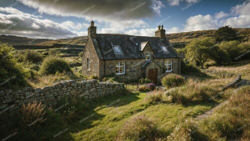 Scottish Countryside Cottage with Stone Walls and Gardens
