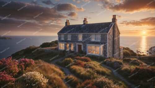 Coastal Cottage at Sunset Overlooking the English Channel