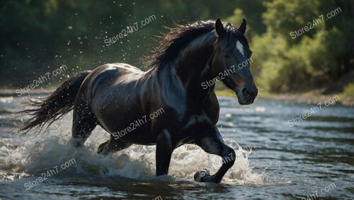 Black Horse Galloping Through River Creating Splashes Everywhere
