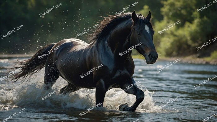 Black Horse Galloping Through River Creating Splashes Everywhere