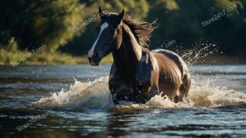 Black Horse Galloping Through Water Creating Dramatic Splashes